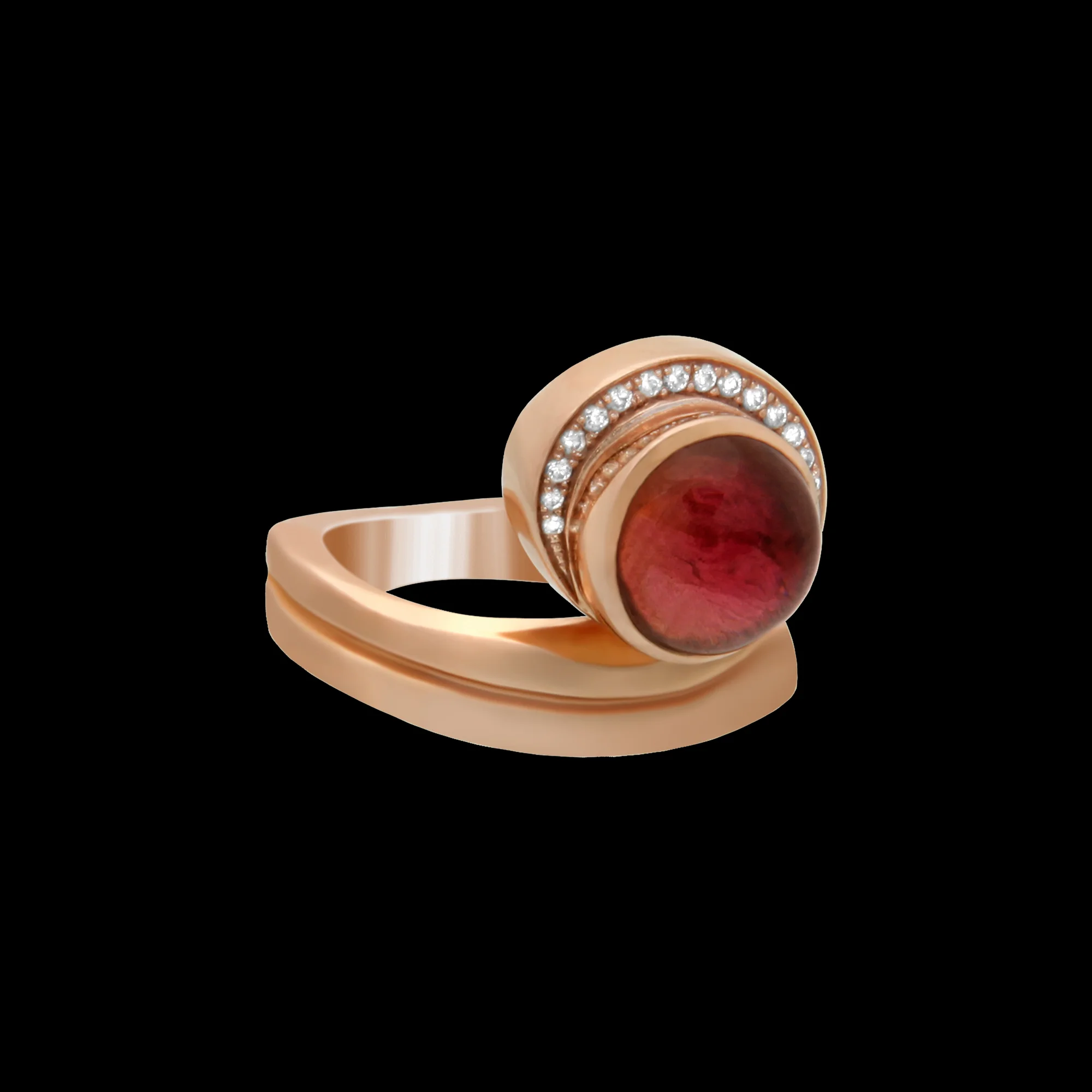 FRIDA | Fine Jewellery. Celestial Collection. Sól ring in 18kt yellow gold set with a cabochon tourmaline and diamonds. View1.