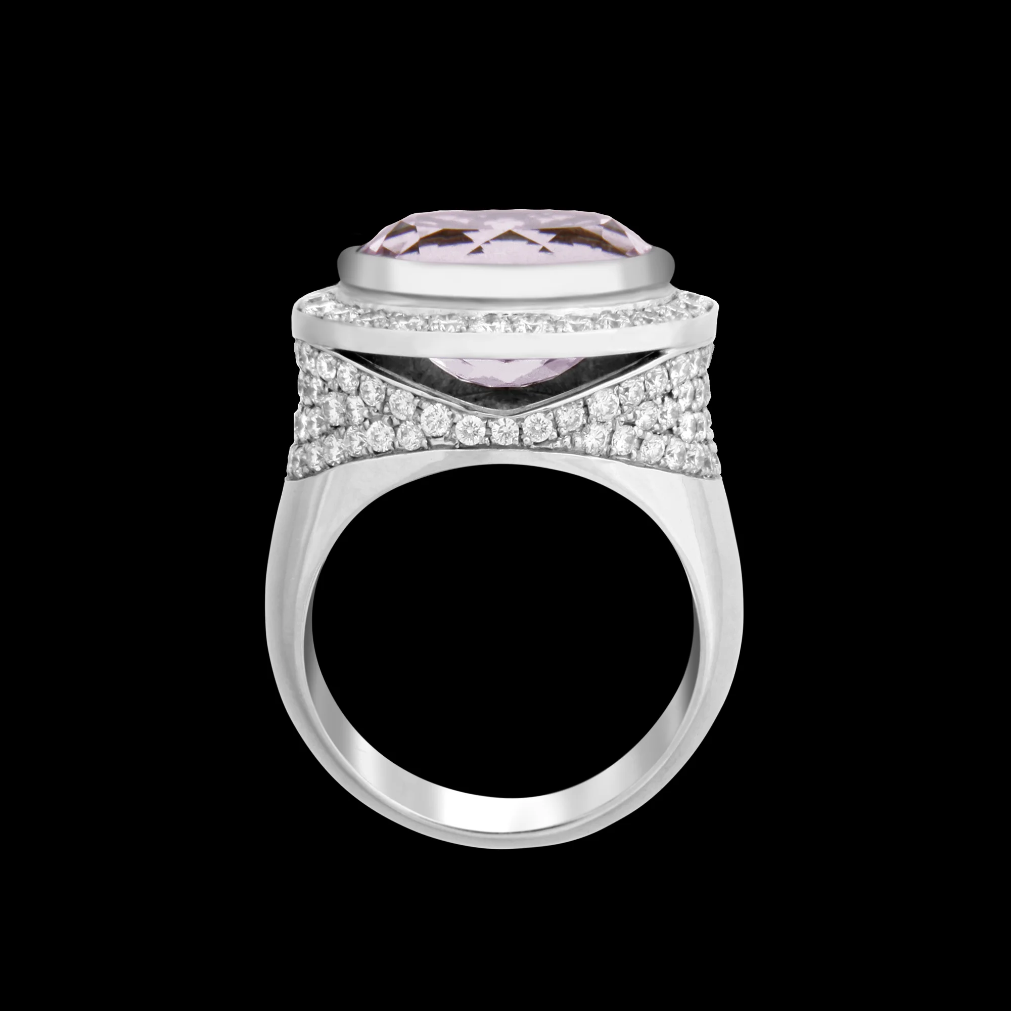 FRIDA | Fine Jewellery. Engagement. Signature design 18kt white gold ring set with a kunzite and diamonds. View2.