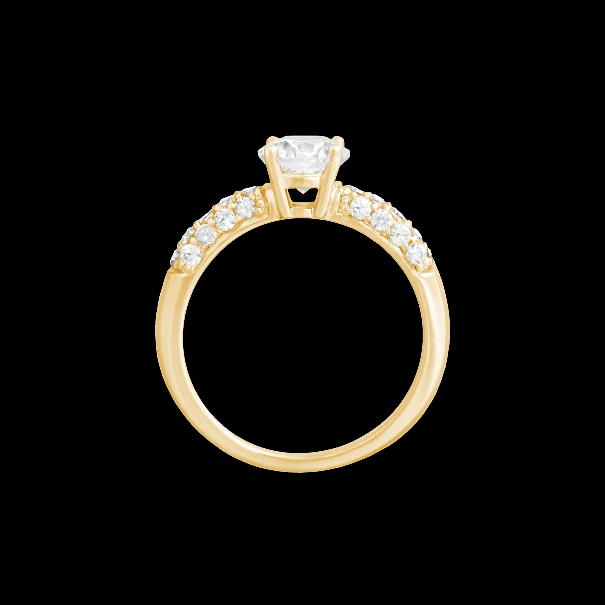FRIDA | Fine Jewellery. Classic Engagement. Diamond solitaire ring in 18kt yellow gold with diamond pavé shank. View2.