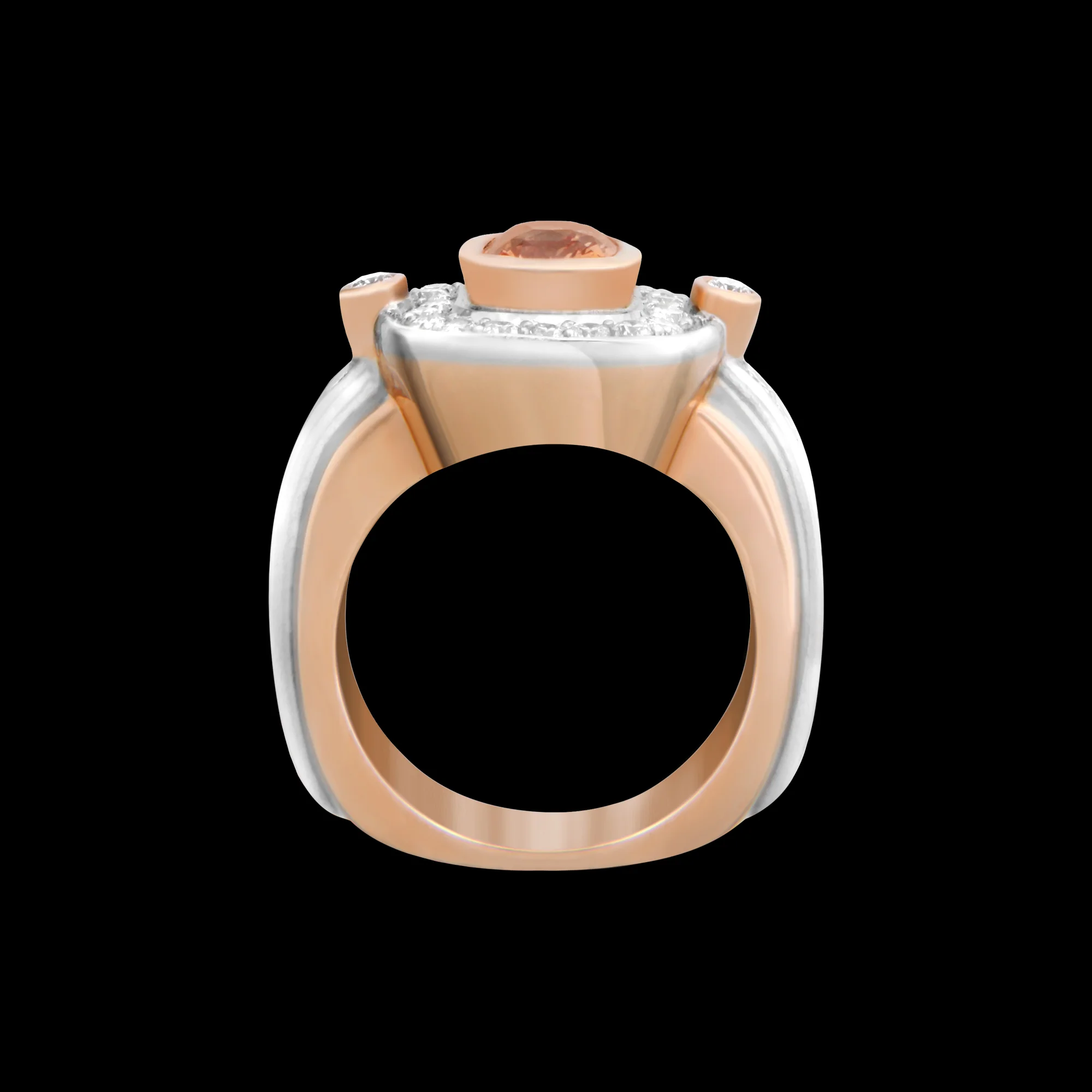 FRIDA | Fine Jewellery. Custom designed 18kt pink and white gold ring set with a peach sapphire and diamonds. View2.