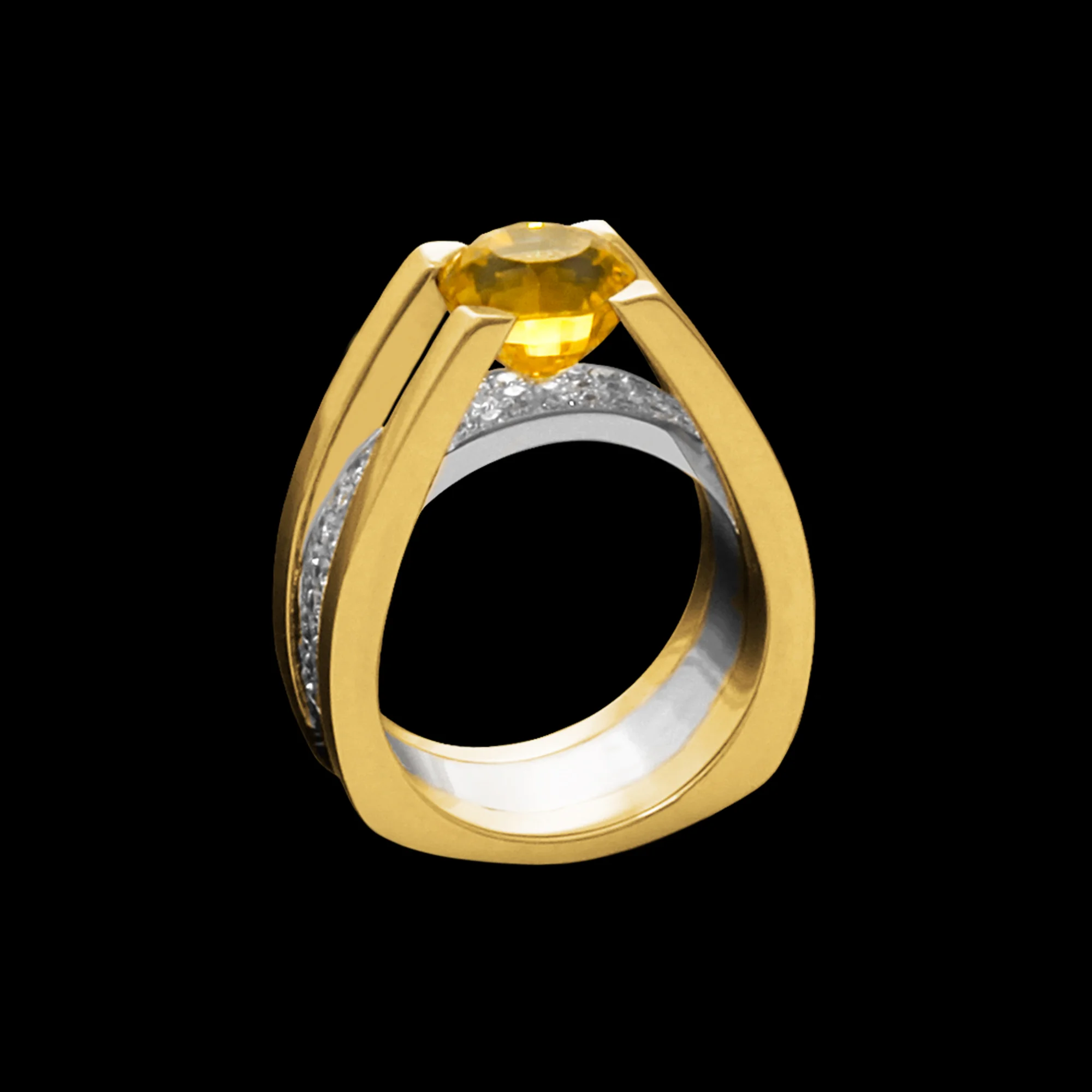 FRIDA | Fine Jewellery. Custom designed 18kt yellow and white gold ring set with a yellow sapphire and diamonds. View3.