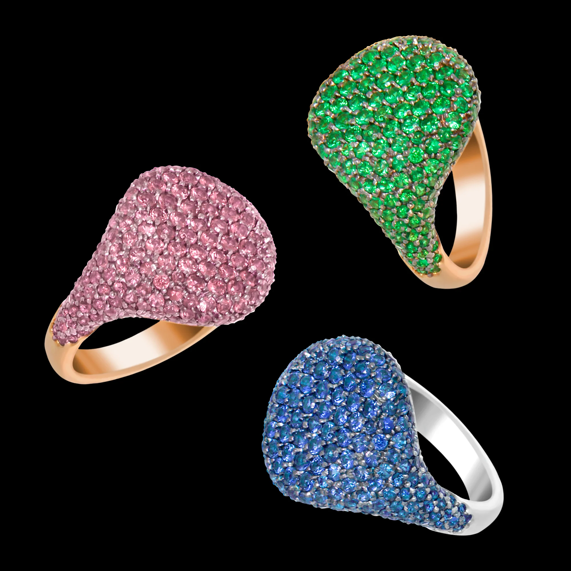 FRIDA. Unisex pinky rings in 18kt gold set with multi-coloured gemstones.