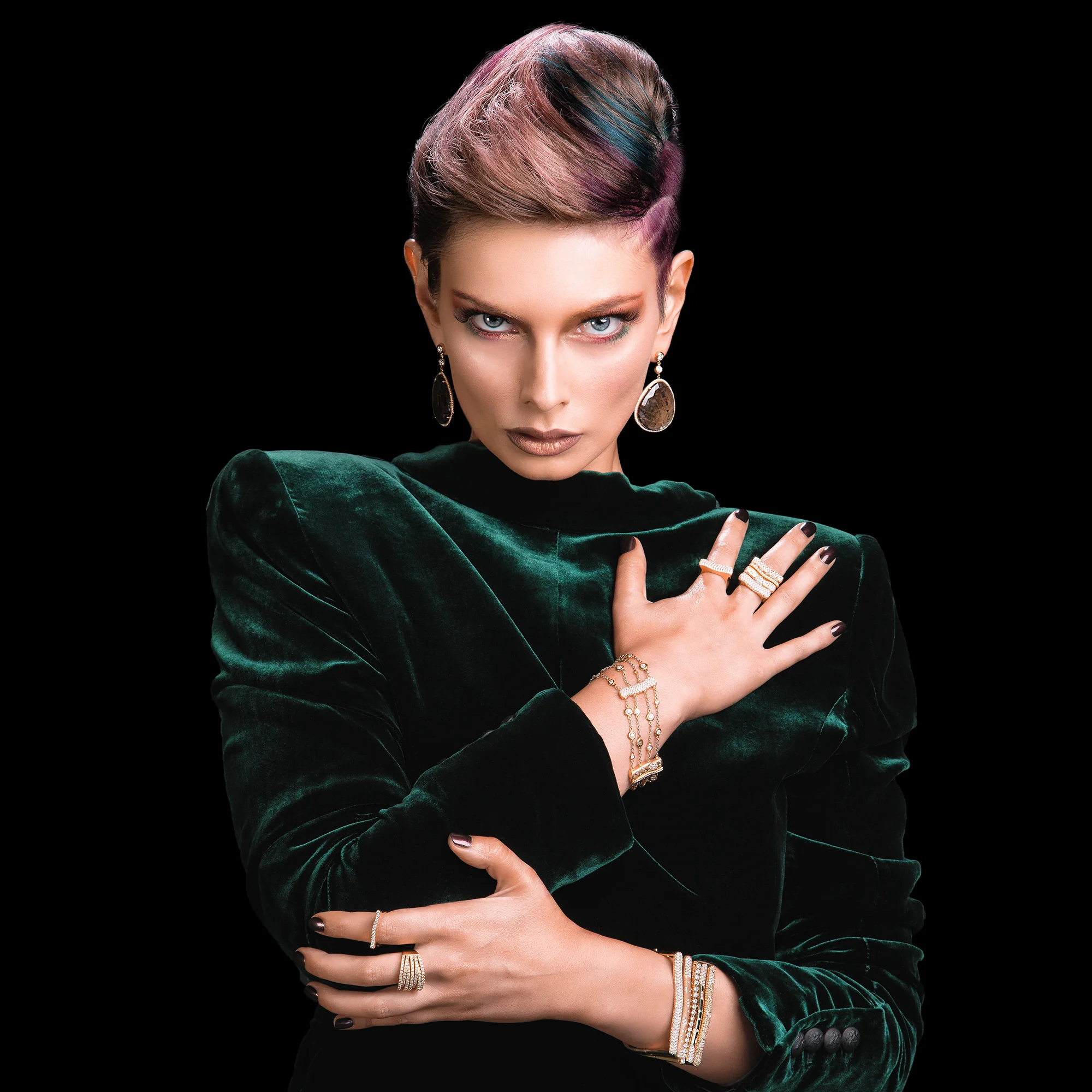 FRIDA | Fine Jewellery. Strata™ Collection. Emma Lamb modeling diamond stacking bracelets and rings in 18kt pink gold.