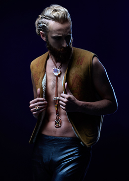 FRIDA | Fine Jewellery. Caribou Collection. Myles Sexton modelling Sunset bolo tie with agate and gemstones.