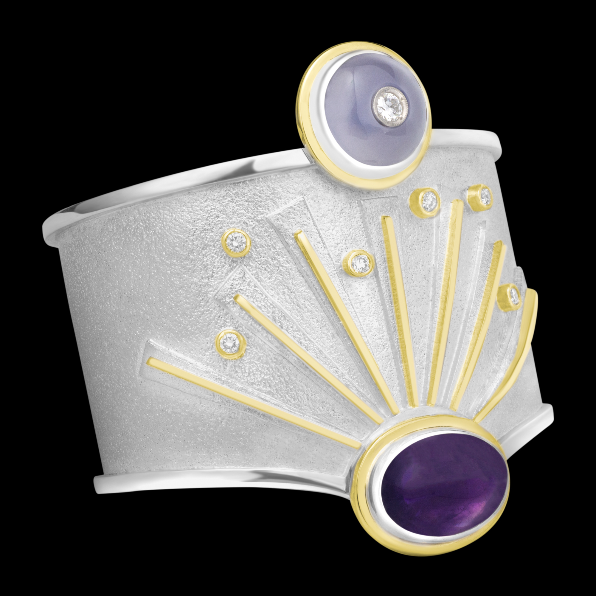 FRIDA | Fine Jewellery. Shield™ Collection, Bespoke cuff. Custom designed SHIELD™ cuff in sterling silver and 18kt yellow gold set with amethyst, chalcedony and diamonds. View 1.