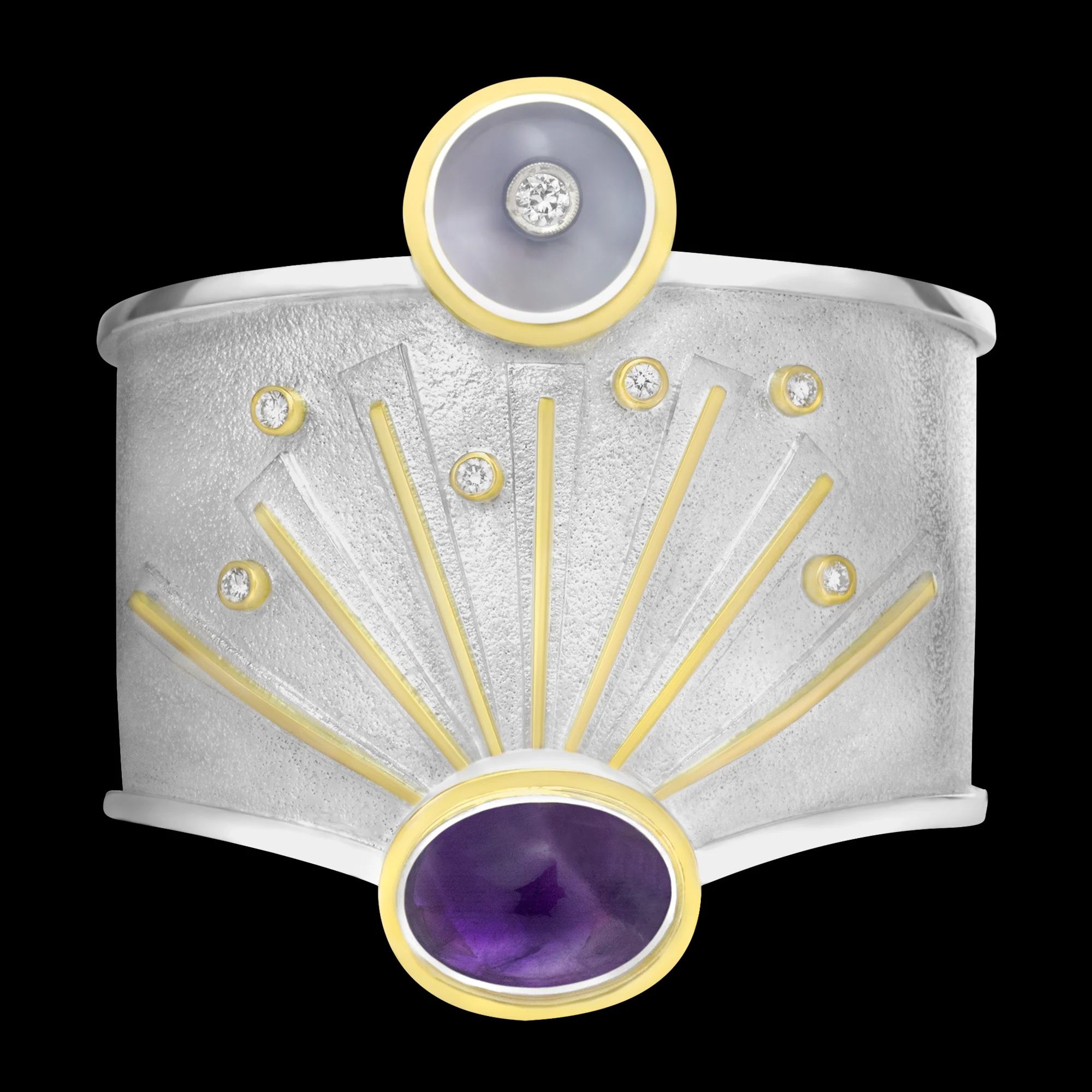 FRIDA | Fine Jewellery. Shield™ Collection, Bespoke cuff. Custom designed SHIELD™ cuff in sterling silver and 18kt yellow gold set with amethyst, chalcedony and diamonds. View 2.