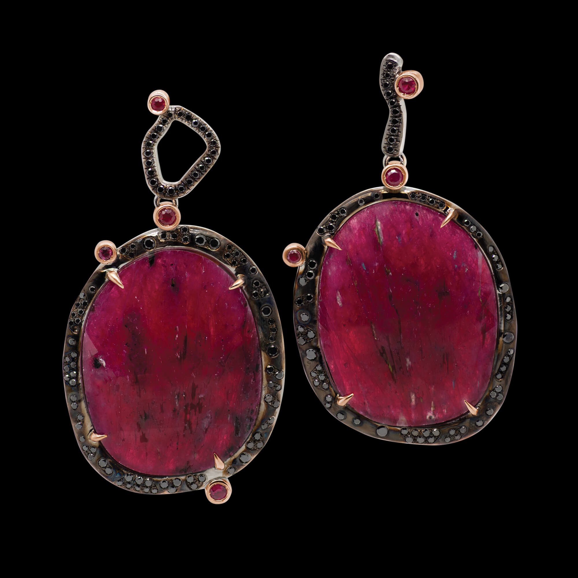 Custom 18kt pink gold earrings with ruby slices and black diamonds. FRIDA | Fine Jewellery.jpeg