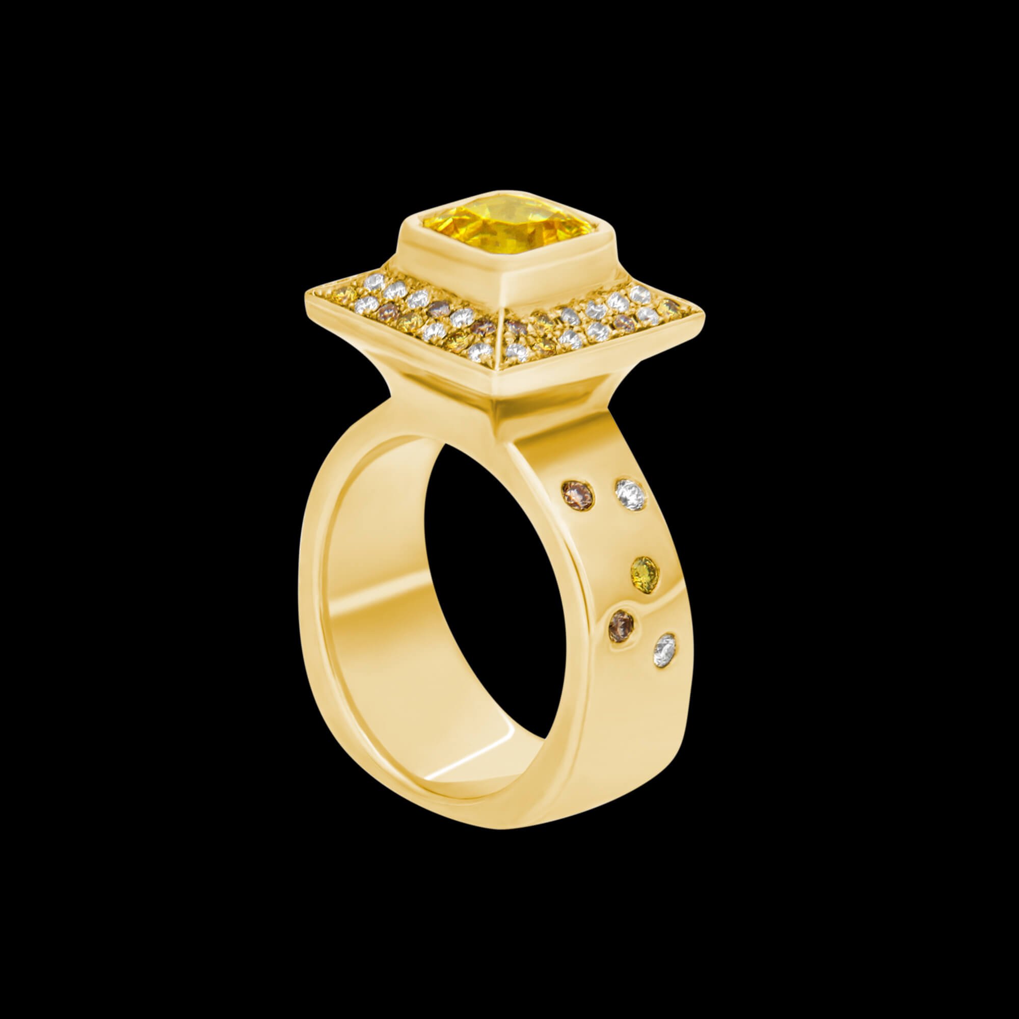 Yellow Sapphire Pagoda ring  18kt yellow gold with multi-coloured diamonds. View 1. FRIDA - Fine Jewellery.jpg