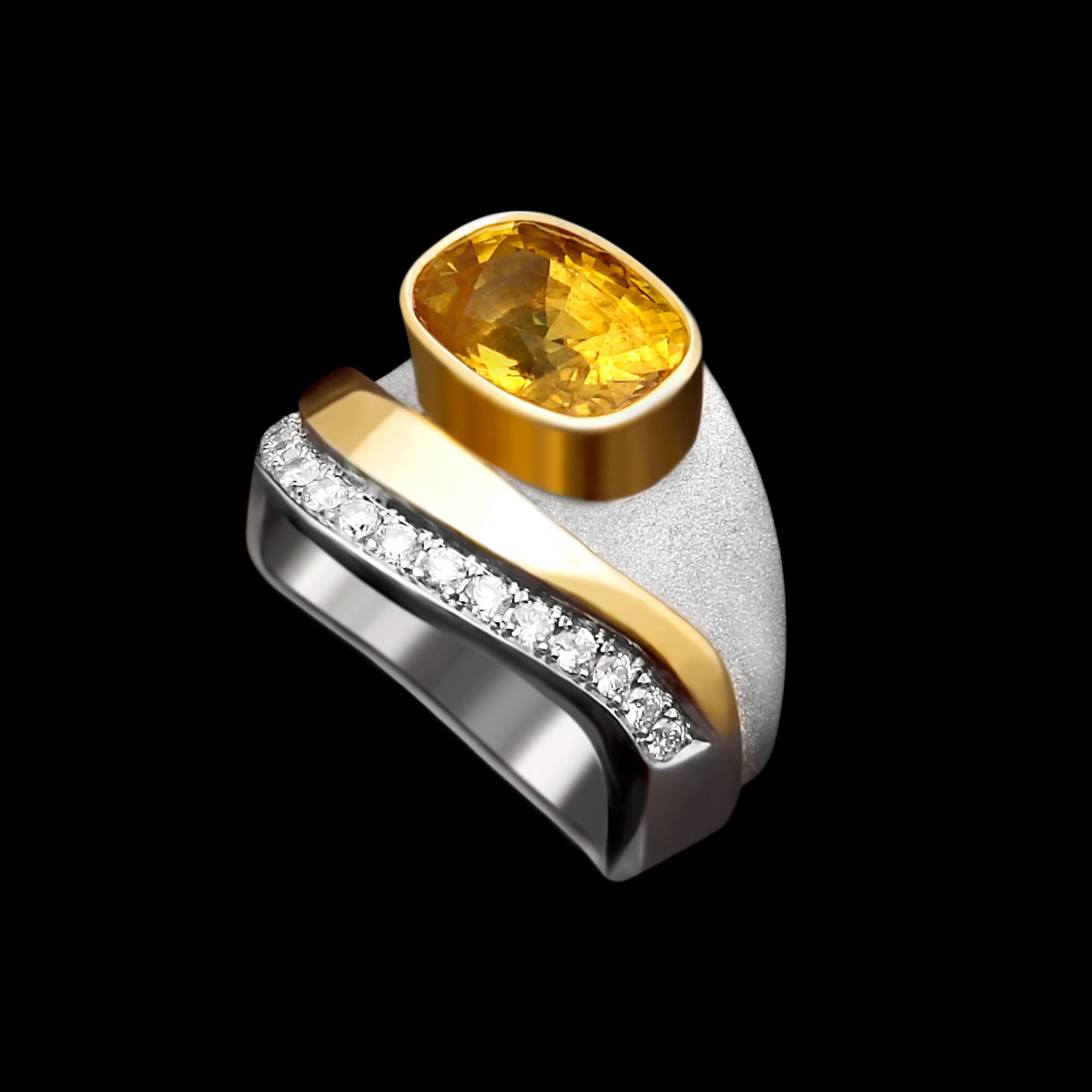 Custom sterling silver, 18kt yellow and white gold Wave ring with yellow sapphire and pavé-set diamonds | Ocean Collection. FRIDA | Fine Jewellery.jpg