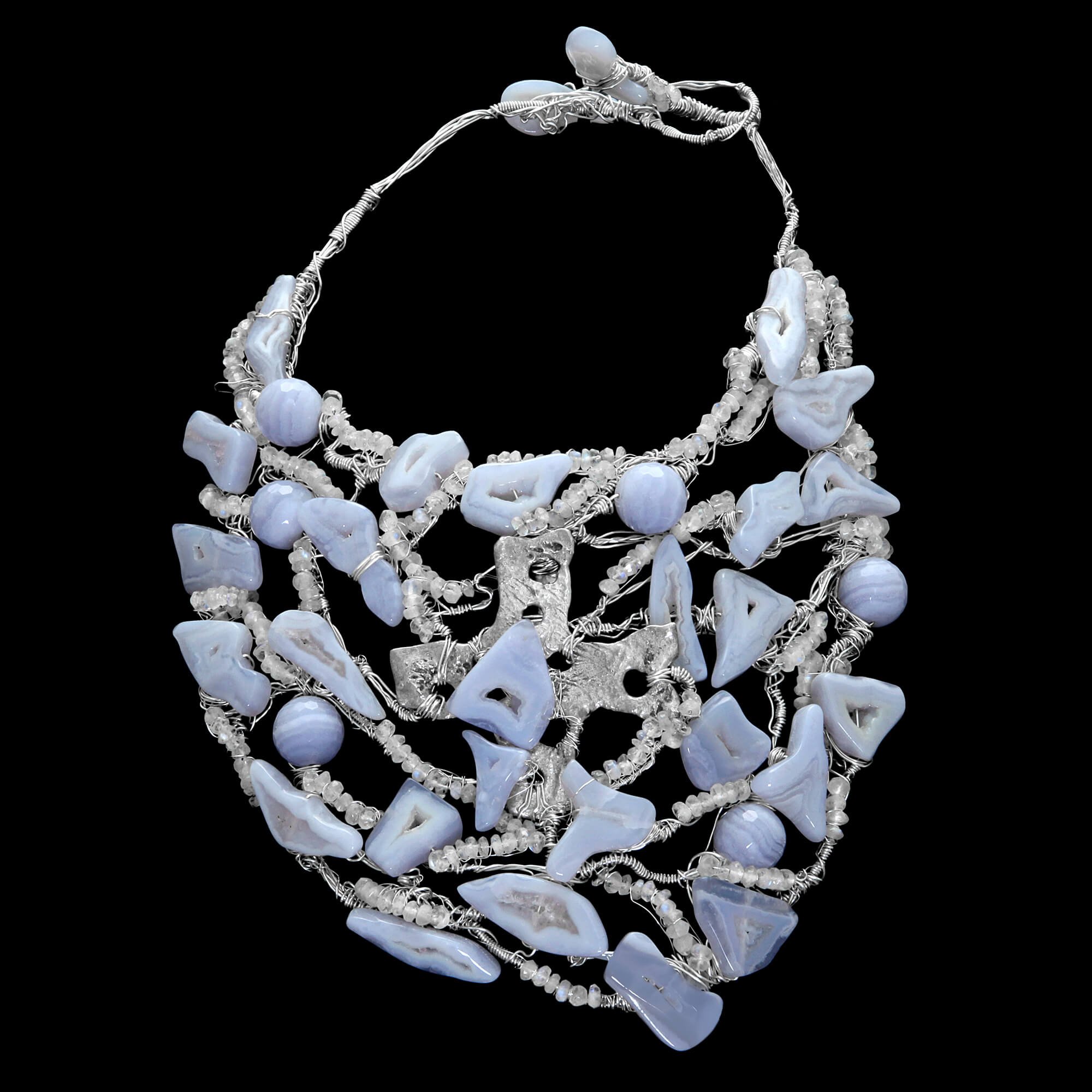 Custom hand-woven Sky neck sculpture with blue lace agate, moonstone and a sterling silver sculpture - Caribou Collection. FRIDA | Fine Jewellery.jpg