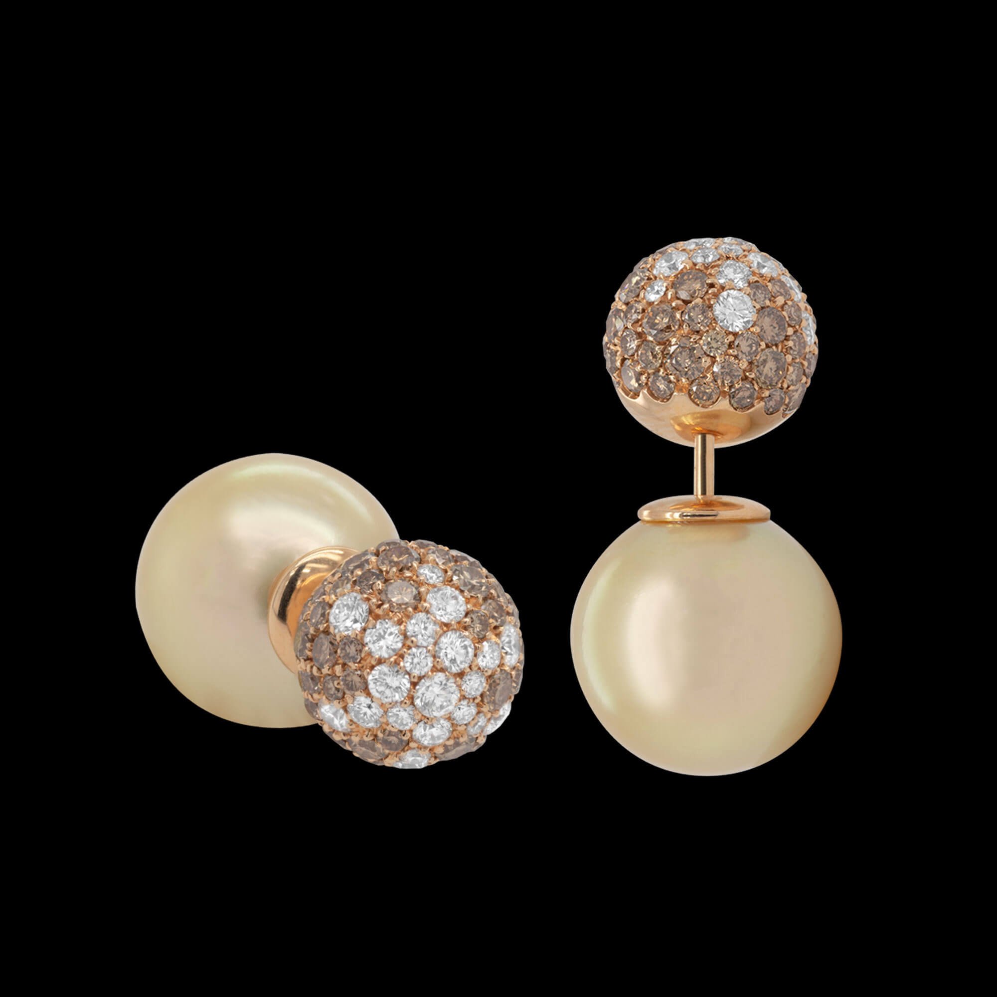 Custom 18kt pink gold reversible ‘ball’ earrings with white and chocolate diamond balls and champagne south sea pearls. FRIDA | Fine Jewellery.jpg