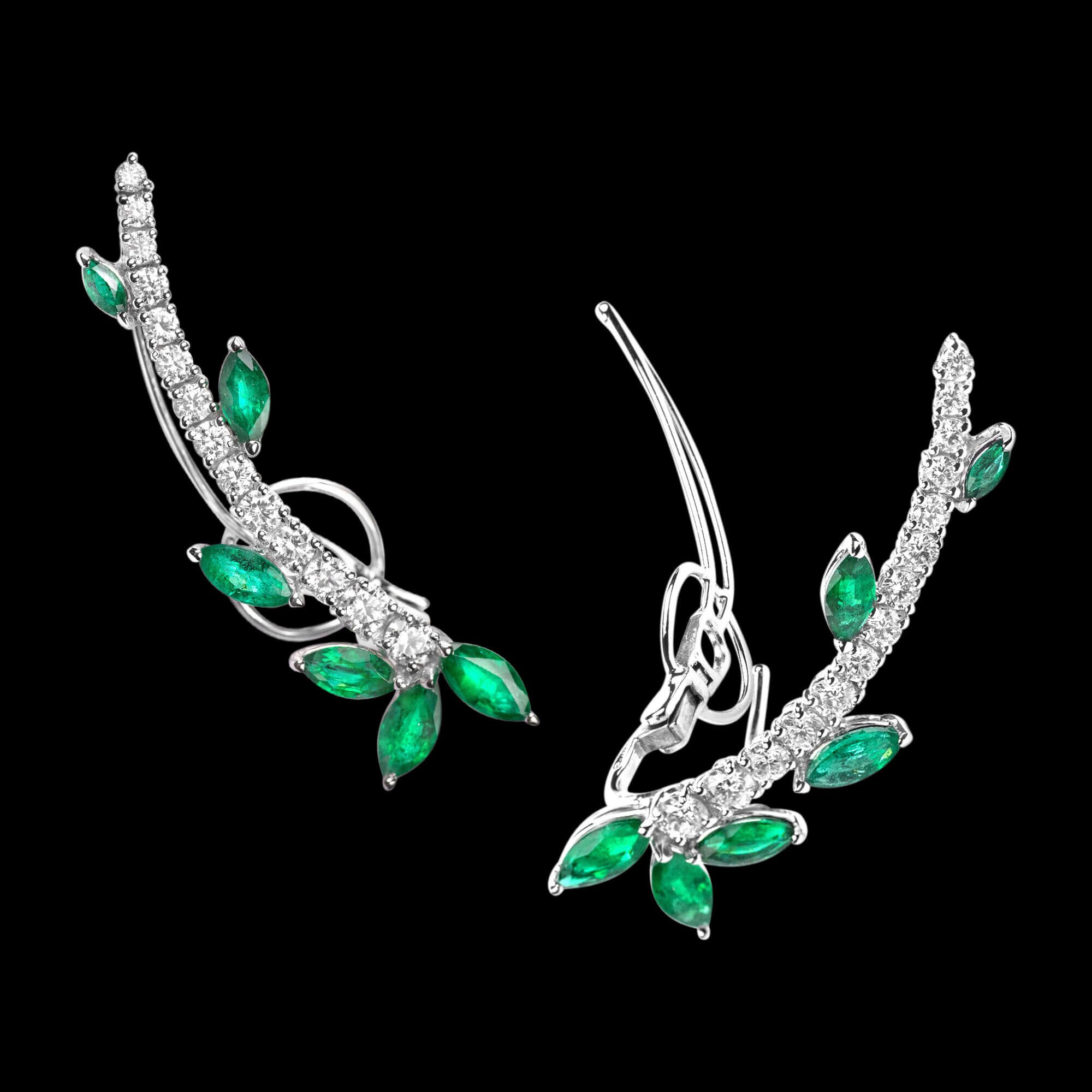 Custom 18kt white gold vine ear climber earrings with diamonds and emeralds. FRIDA | Fine Jewellery.jpg