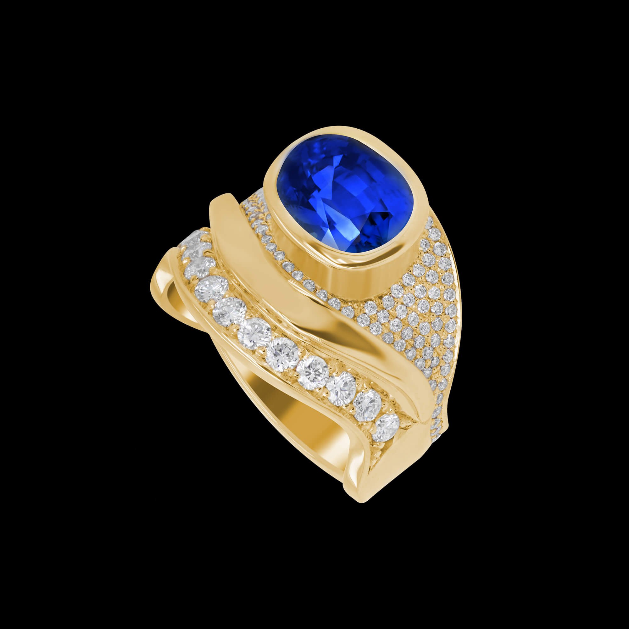 Bespoke Wave ring in 18kt yellow gold with an oval blue sapphire and brilliant-cut diamonds | Ocean Collection. FRIDA | Fine Jewellery.jpg