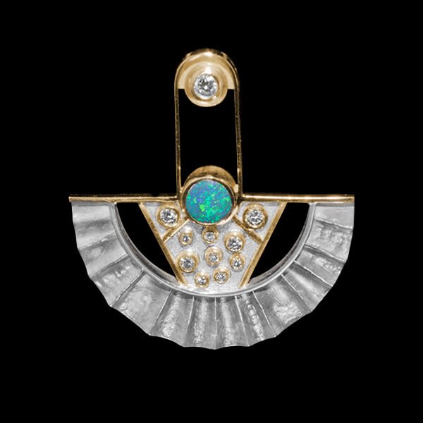 FRIDA - Fine Jewellery. Bespoke. Custom designed yellow gold and sterling silver pendant, sert with an opal and diamonds.jpg