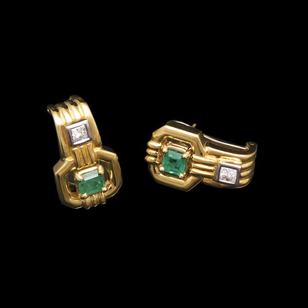 FRIDA - Fine Jewellery. Bespoke. Custom designed yellow gold earrings, set with emeralds and diamonds.jpg