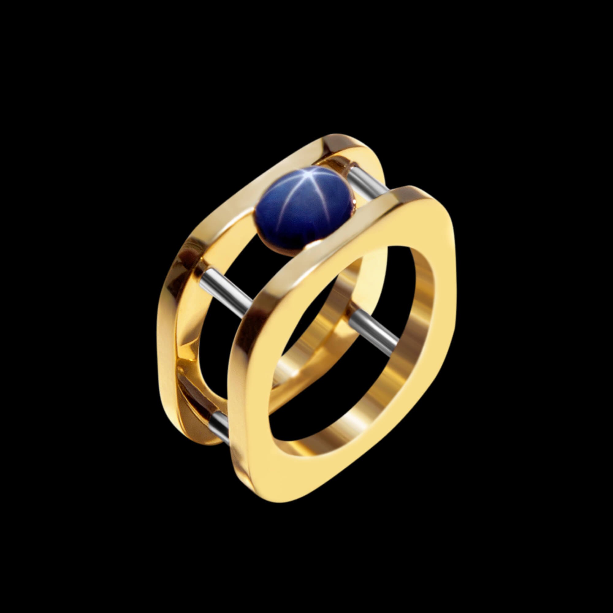 FRIDA - Fine Jewellery. Signature Engagement. Rounded-square men's ring in 18kt yellow and whte gold set with a star sapphire.jpg