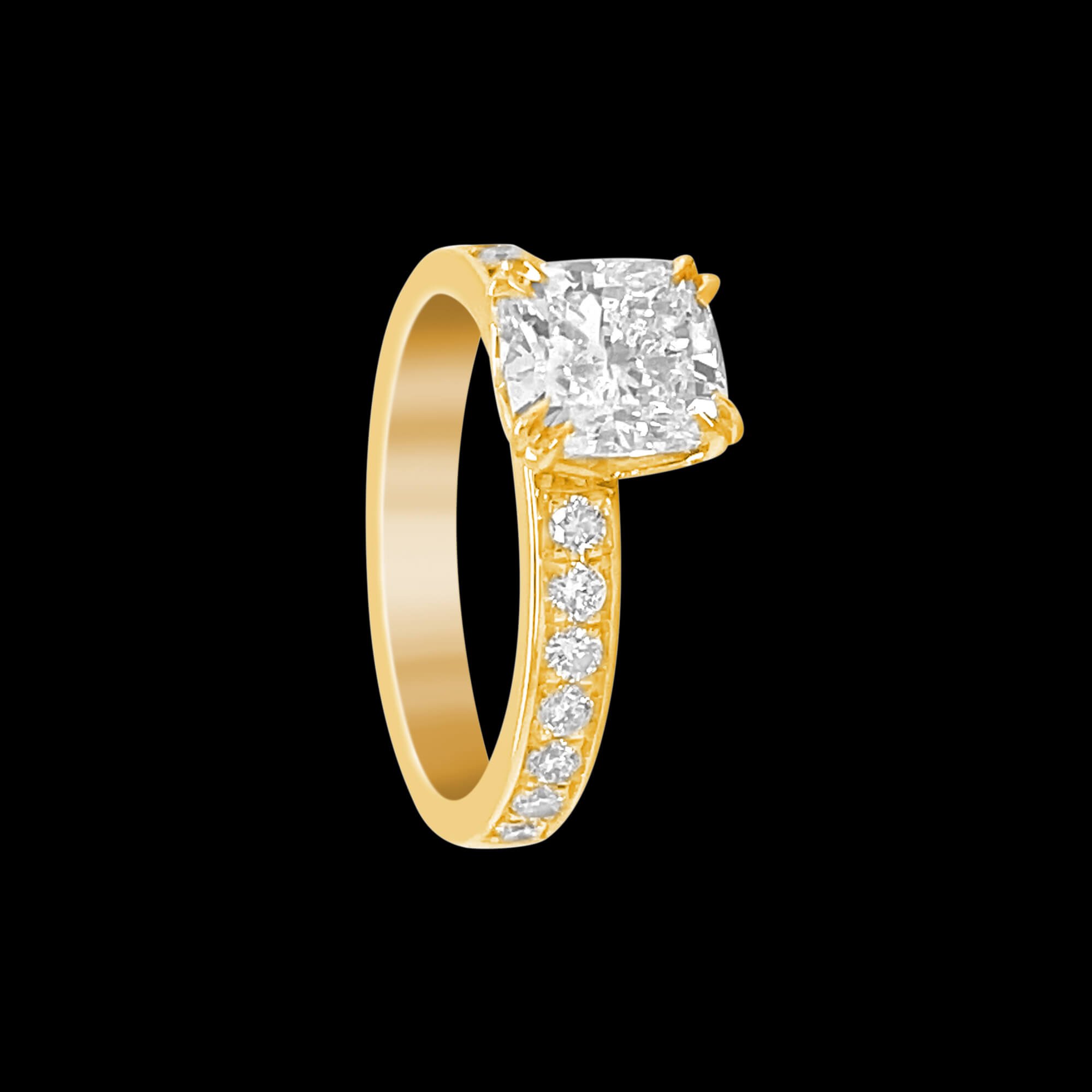 Bespoke 18kt yellow gold solitaire engagement ring with a 1.5ct cushion-cut diamond with a diamond shank | Classic Engagement. FRIDA | Fine Jewellery.jpg