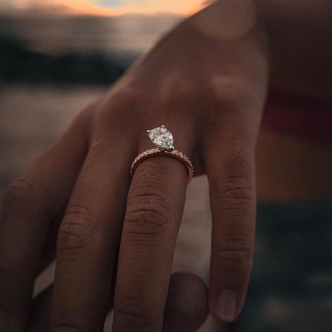 Custom 18kt pink gold engagement ring with off-set pear diamond. FRIDA | Fine Jewellery.jpg