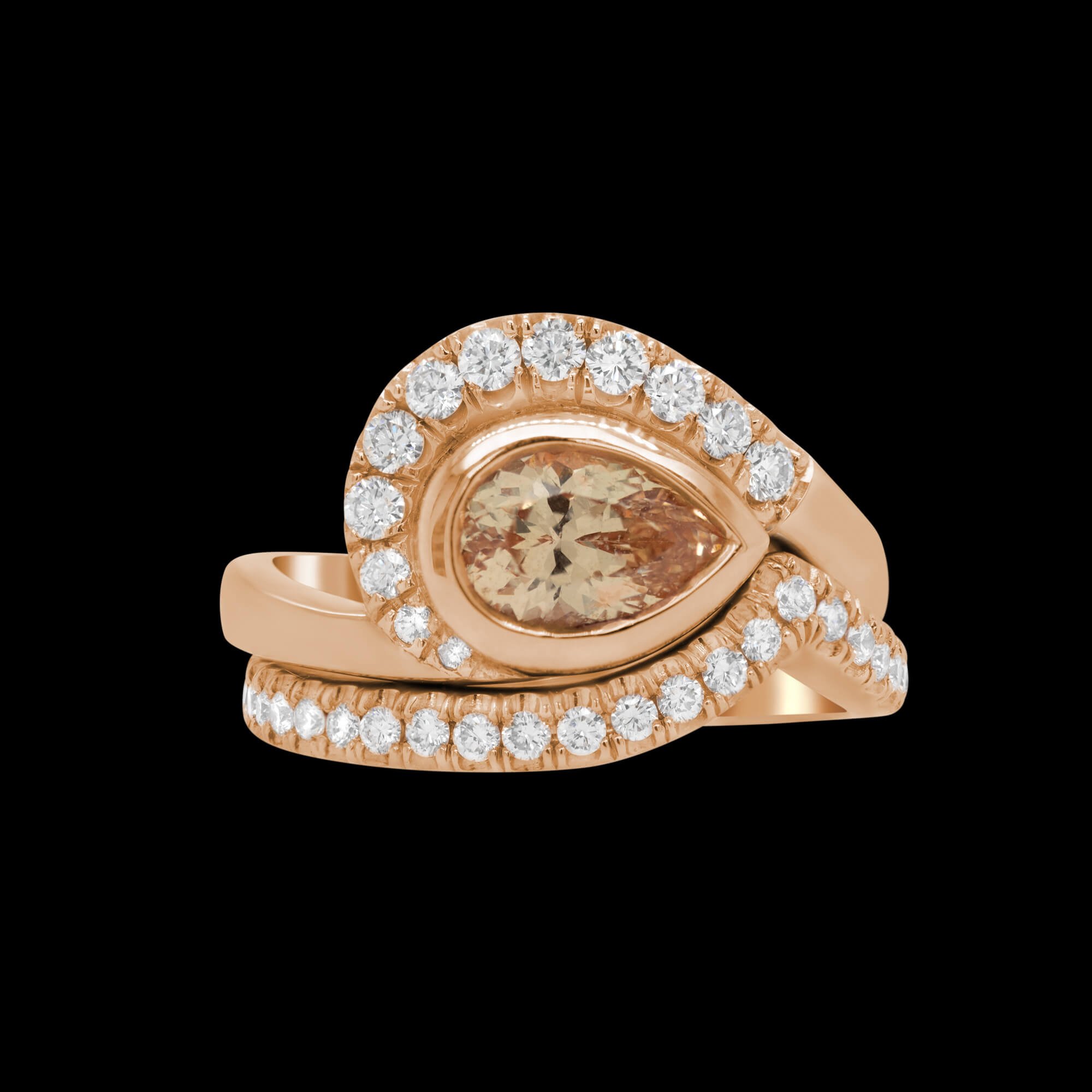 Custom 18kt pink gold Petal ring and wedding band with a peach sapphire and diamonds | Signature Engagement. FRIDA | Fine Jewellery.jpg