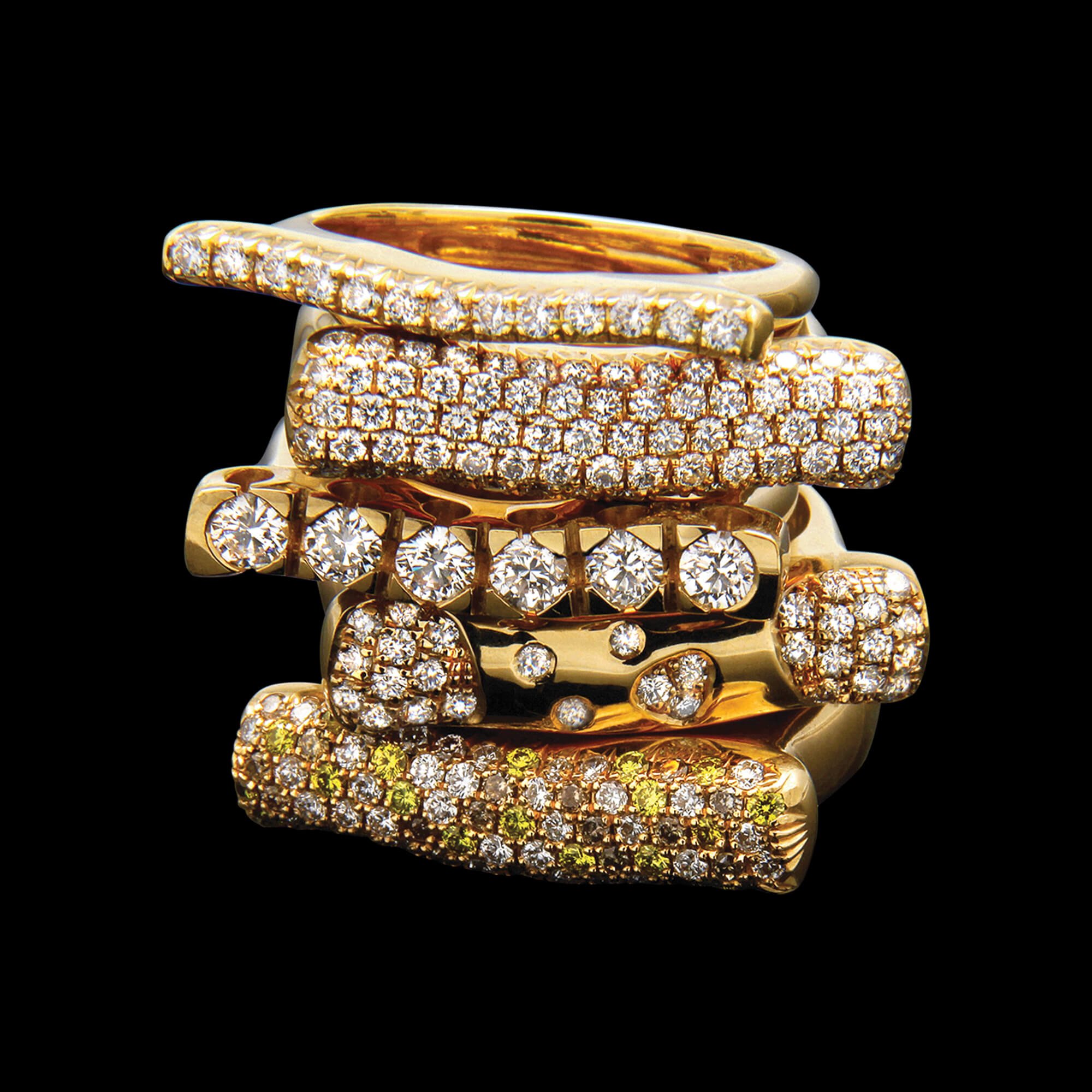 Custom 18kt yellow gold stacking rings with diamonds and gemstones | Strata™ Collection. FRIDA | Fine Jewellery.jpg