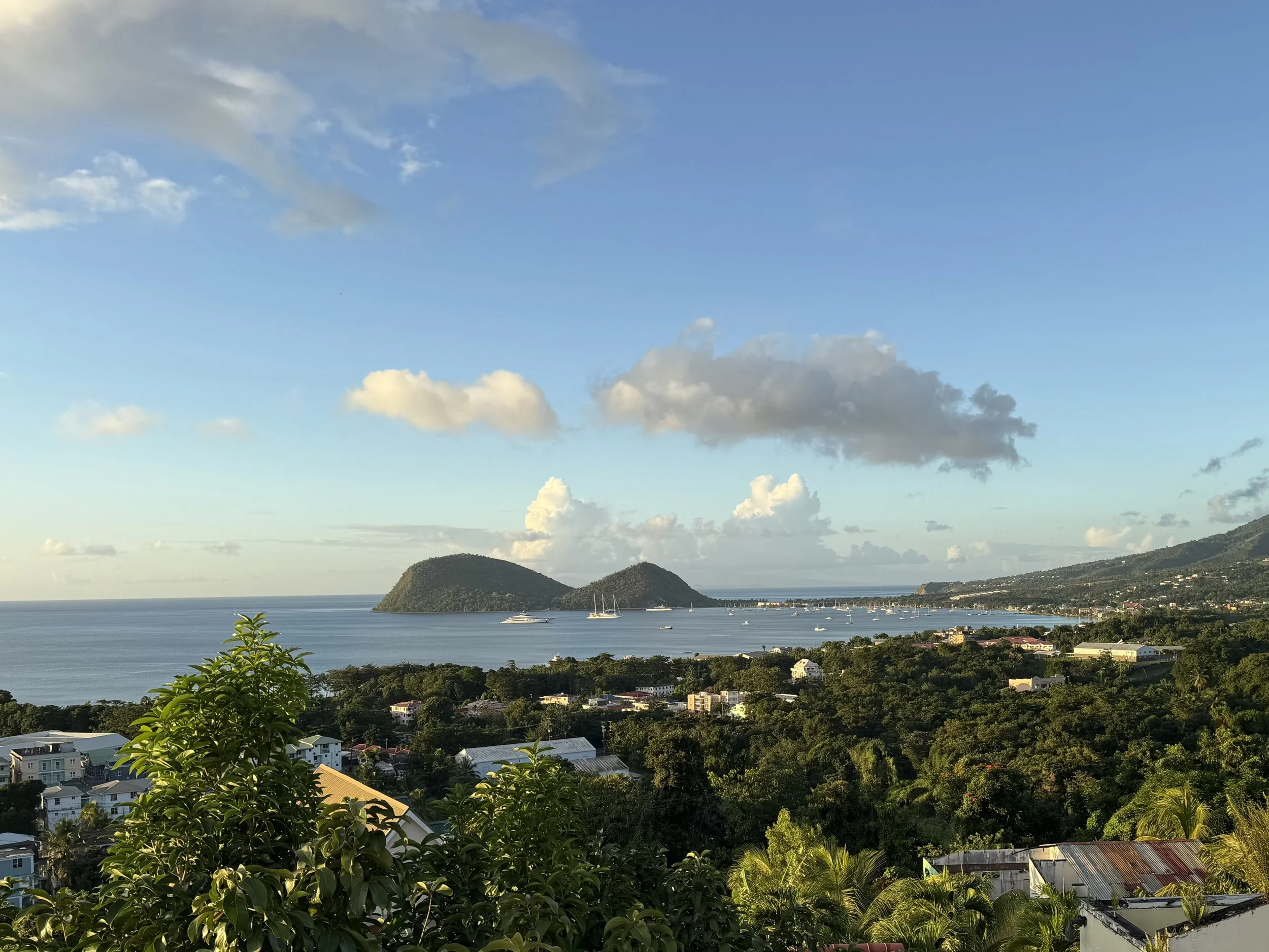 Scenic view of a tropical city overlooking the ocean with hills and islands in the distance, lush greenery in the foreground, partly cloudy sky.