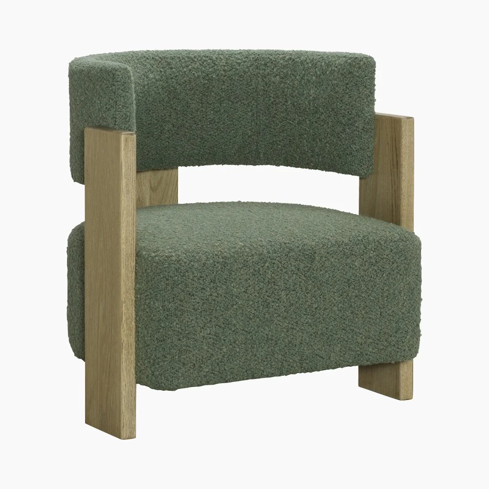 Carter Accent Chair by Michael Wolk for Century Furniture, featuring a sculptural solid wood frame and green upholstered barrel back in a modern brutalist design.