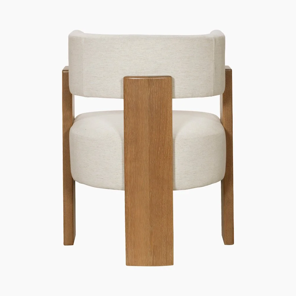 Rear view of Carter chair highlighting the unique wood pillar clamping design and tripod base.