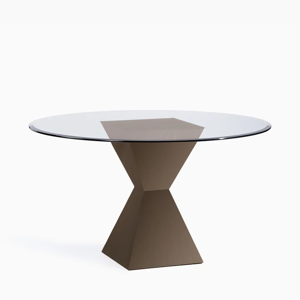 Arte Dining Table with small bronze base and round glass top