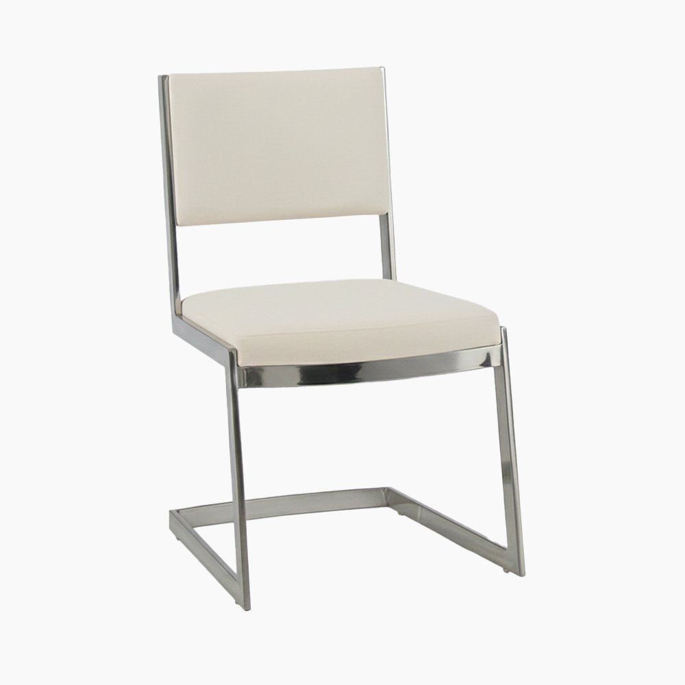 Chicago Dining Chair, polished stainless steal and off white upholstery