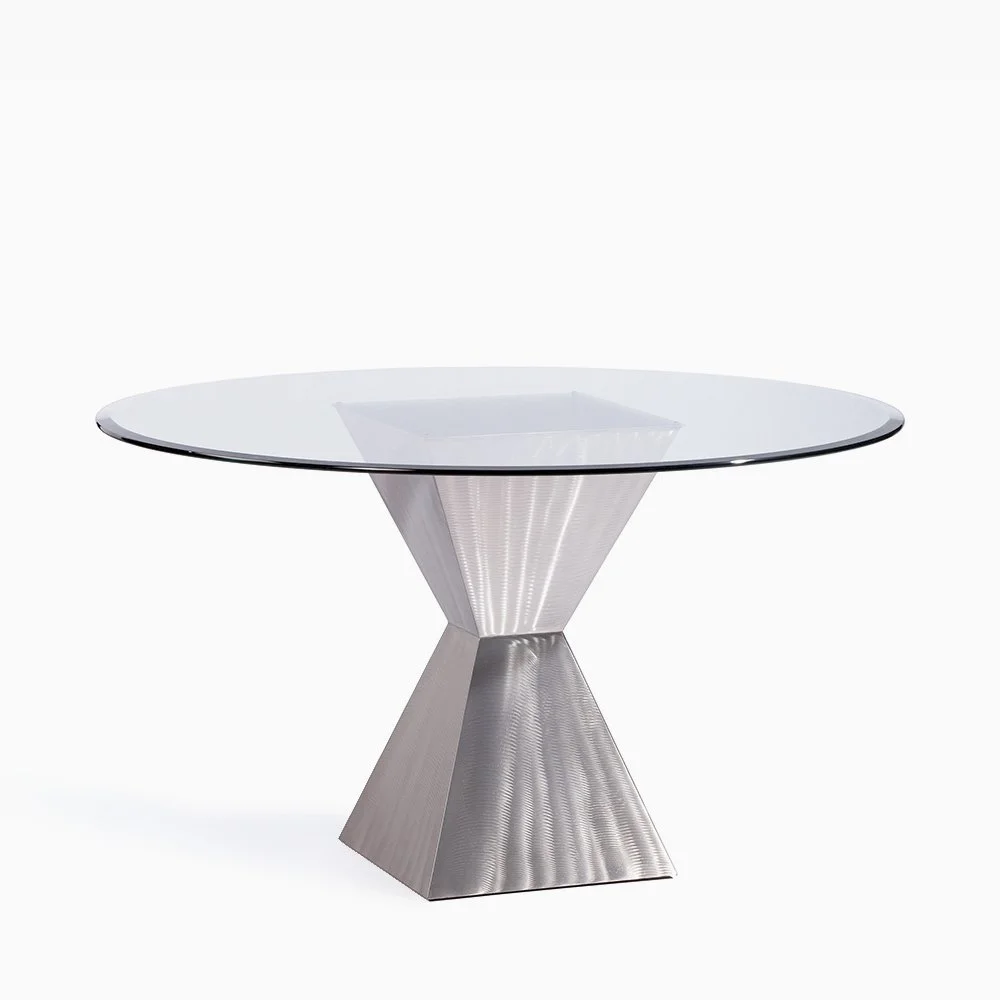 Arte round glass dining table with platinum base