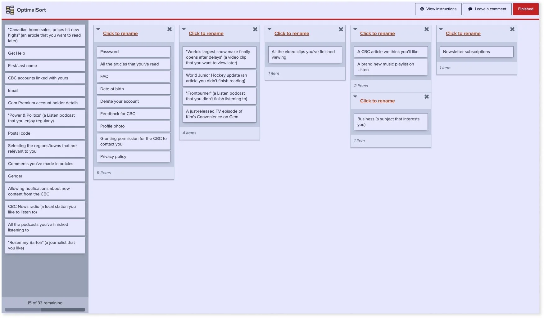 A draft of the proposed card sort.