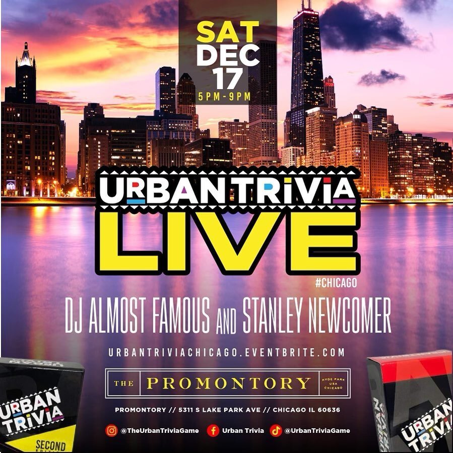 🚨From Dallas to Chicago🚨
Urban Trivia is headed to @promontorychicago 
Saturday December 17th 5-9p! 
Get your tickets now at UrbanTriviaChicago.Eventbrite.com
See y&rsquo;all there!

Questions? 
DM @theurbantriviagame
Email: UrbanTriviaGame@gmail.c