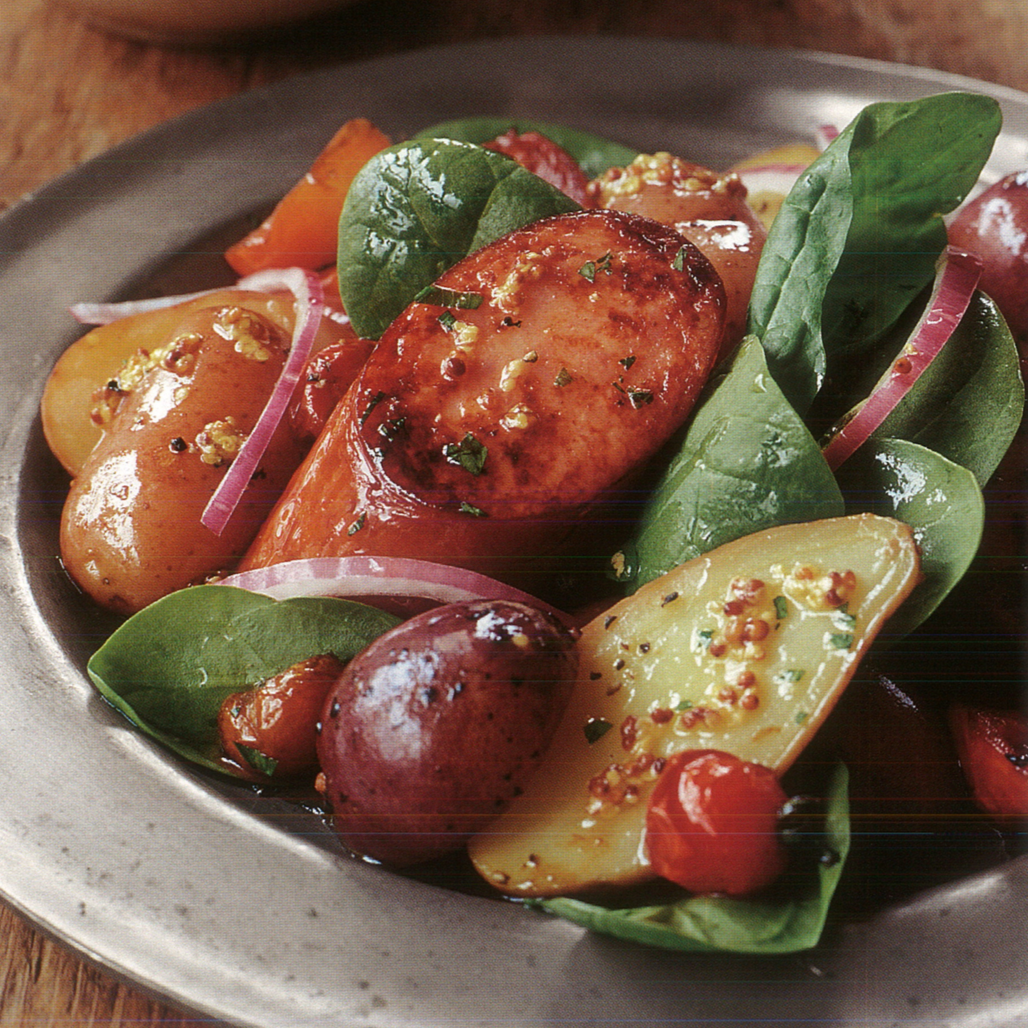Grilled Sausage and Potato Salad with Spinach, Red Onion, and Brewmaster Mustard Vinaigrette.png