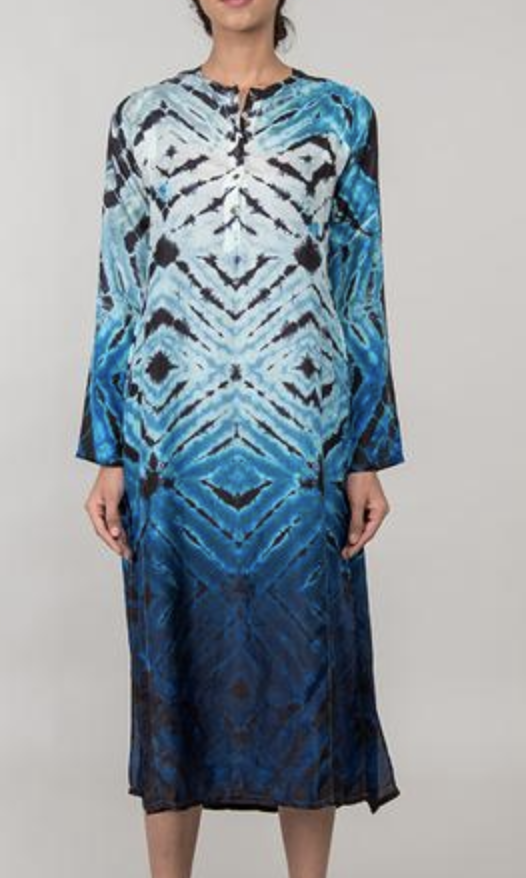 The Satayam Hand Tie-Dyed Silk Caftan from Jaipur, India. Click to Shop