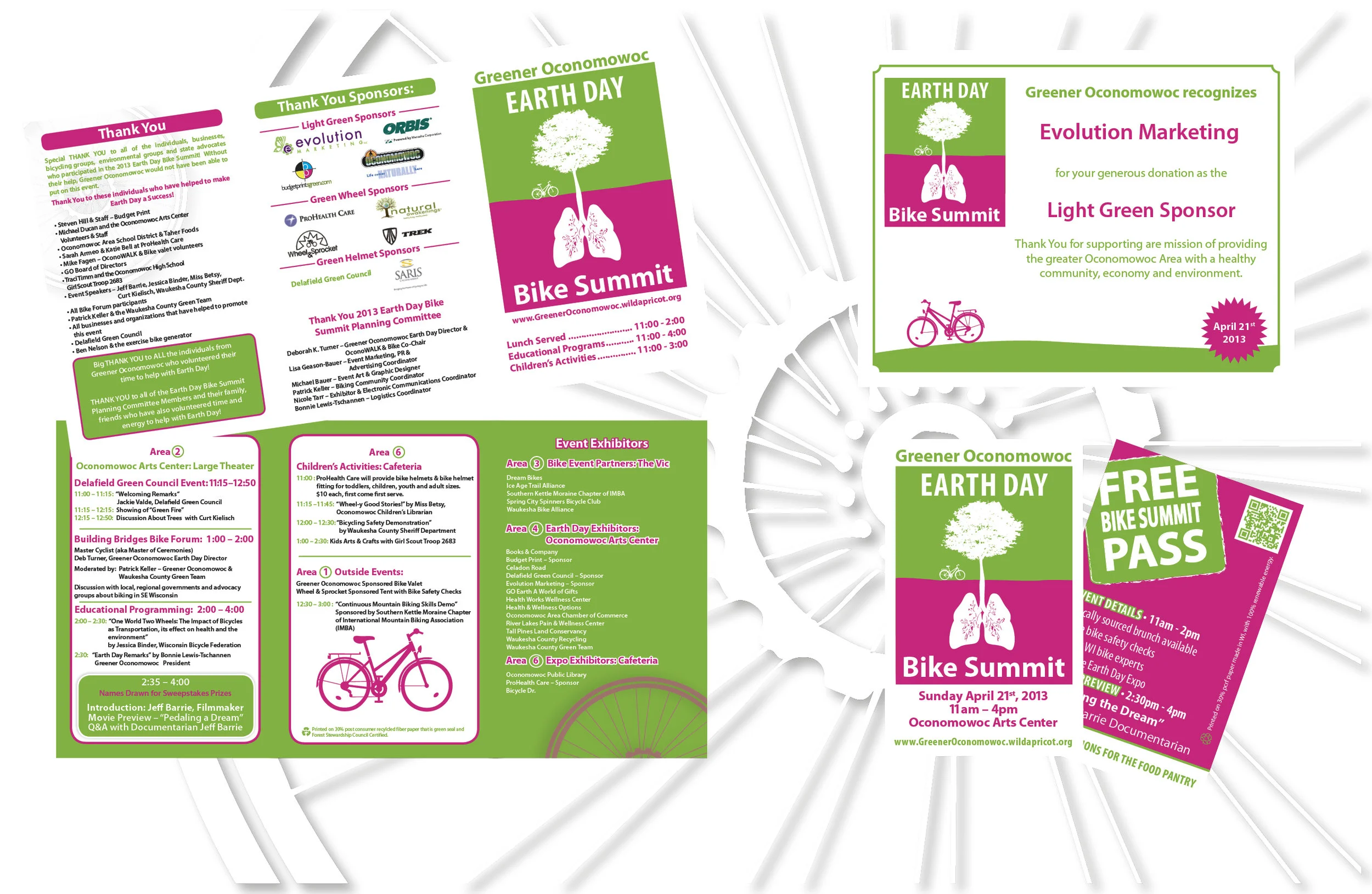 Artwork above created for Greener Oconomowoc’s 2013 Earth Day Bike Summit Event. Included in the overall event design were a small “Free Event Pass” (pictured above right), event posters (not pictured), 6 page Event Program (pictured above left) and “Thank You Certificates” for all sponsors (pictured above right). Evolution Marketing won a 2013 American Graphic Design Award within the category of Environmental Graphics and/or Pro Bono Projects for this artwork. 