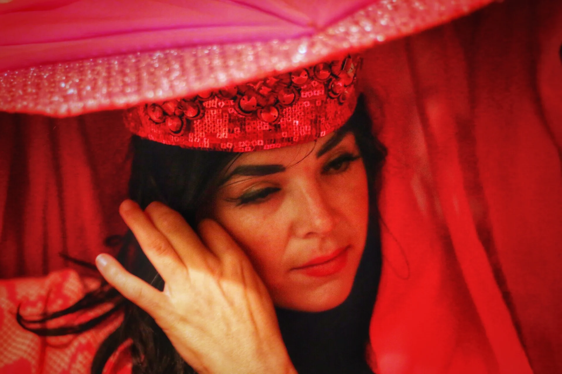 Young woman with red head dress, Newtown Creek, Brooklyn, NYC, large format digital image, 2017