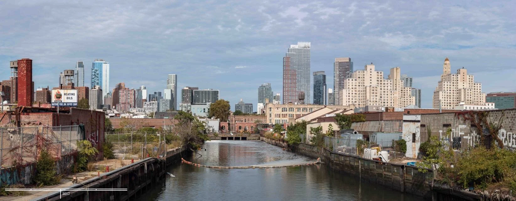 View from the Third Street Bridge of Gowanus Canal and Boerum Hill, Brooklyn, NY, large format didital image, 2017