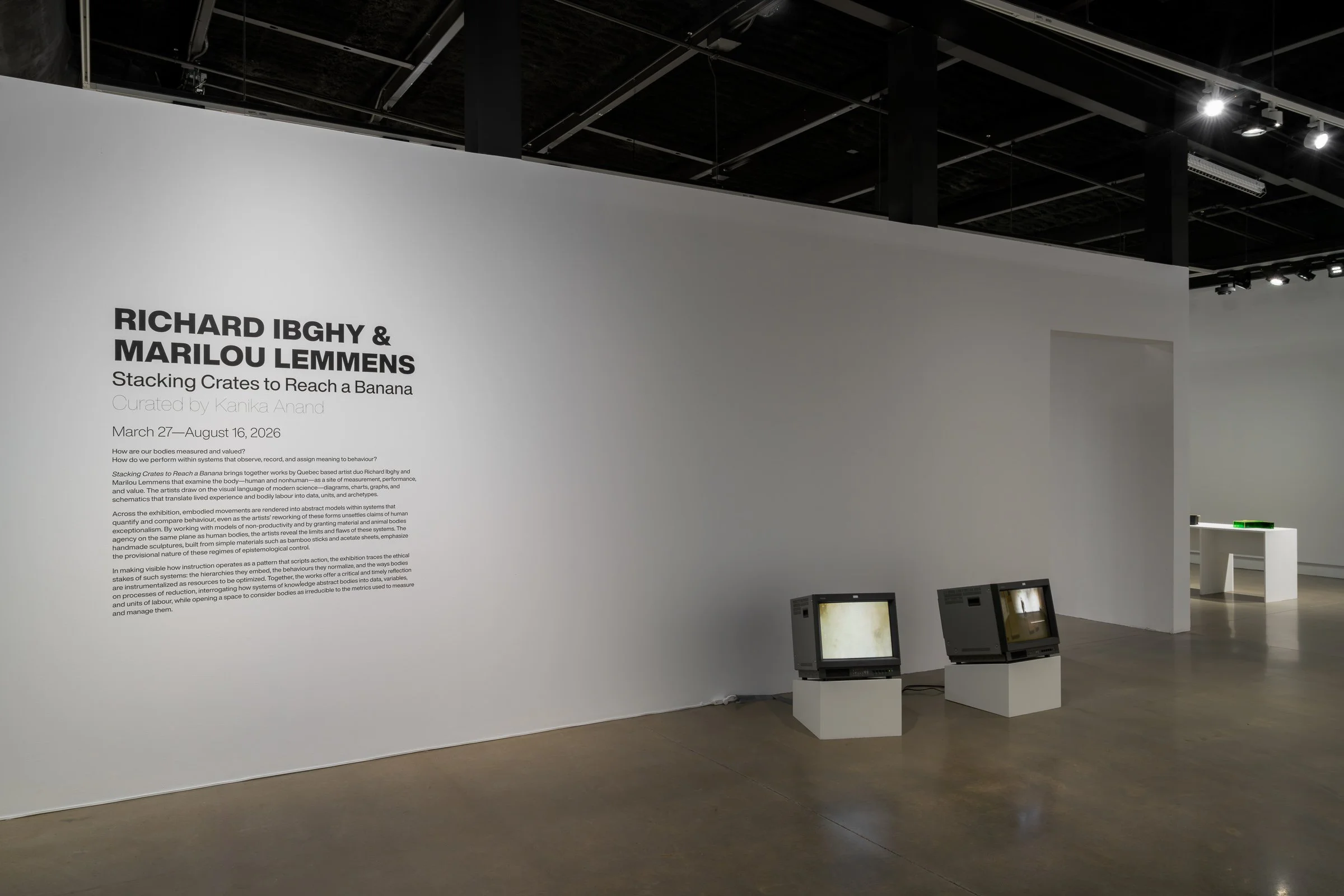  Installation view, Richard Ibghy &amp; Marilou Lemmens:  Stacking Crates to Reach a Banana , March 27—August 16, 2026, Contemporary Calgary. Photo by Blaine Campbell.  