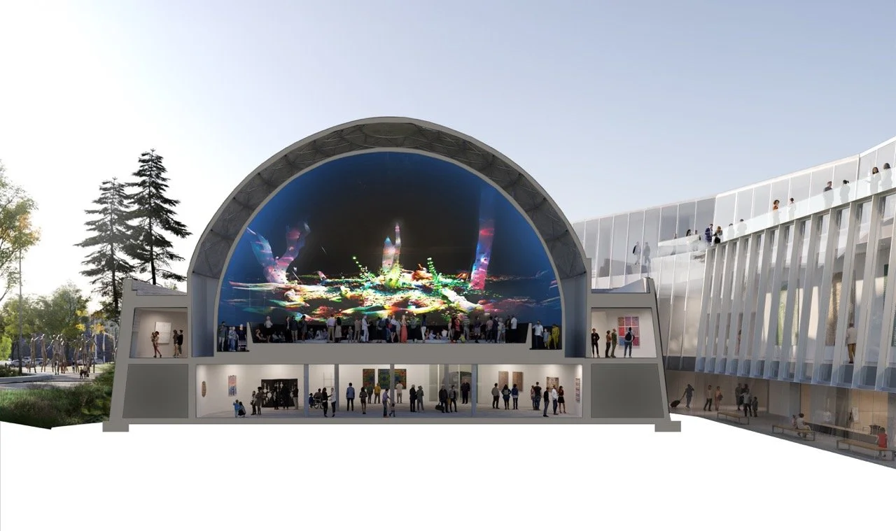   LED DOME THEATRE AND PLANETARIUM  Planetarium sectional view revealing the new LED Dome Theatre, Ring Gallery, and the Grotto below. The reimagined Dome Theatre will be Canada's first LED Dome, a groundbreaking space featuring floor-to-ceiling LED 