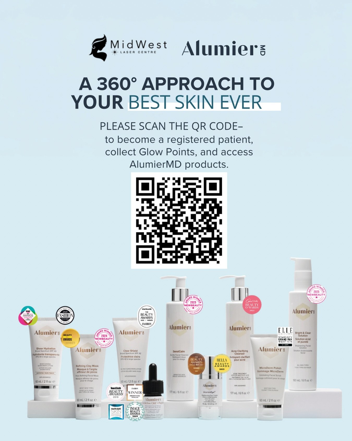 Glow up! Join the Glow Club and earn points with every online AlumierMD purchase that can be traded in for discounts. Get bonus points by following them on social media, subscribing to their newsletter, and sharing your birthday. Scan the QR code to 