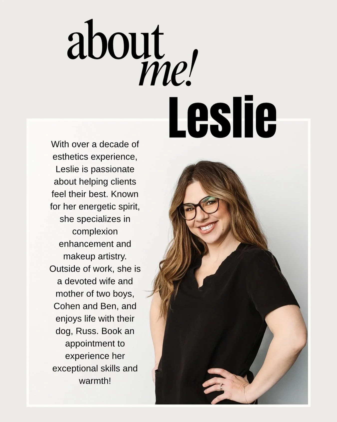 ✨ Meet Leslie! With over a decade of esthetics experience, she&rsquo;s dedicated to helping you feel your absolute best. Known for her energetic spirit, Leslie specializes in complexion enhancement and stunning makeup artistry. Shes also a fabulous l