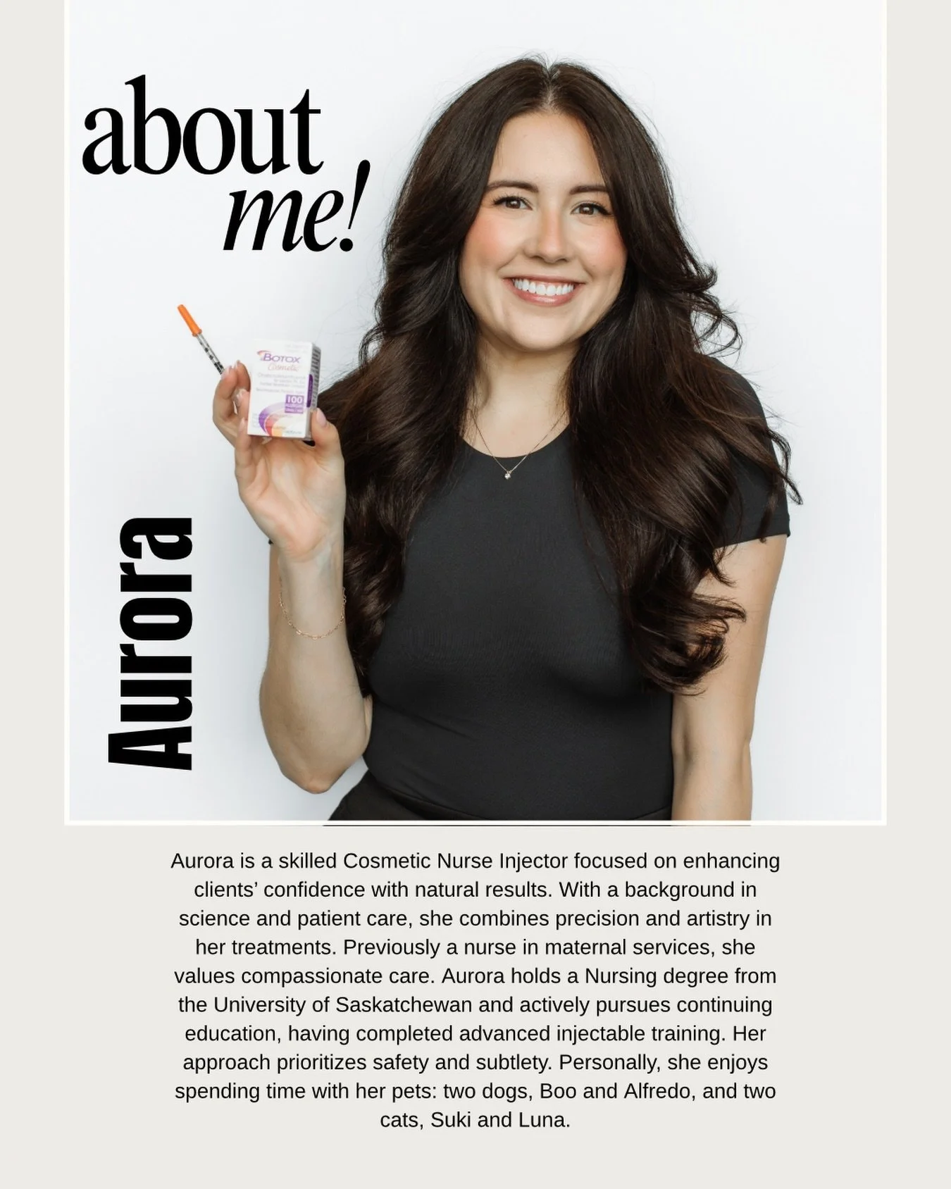 Aurora is a dedicated Cosmetic Nurse Injector passionate about enhancing clients' confidence through natural-looking results. Combining her science background with patient care expertise, she masterfully blends precision and artistry. With experience