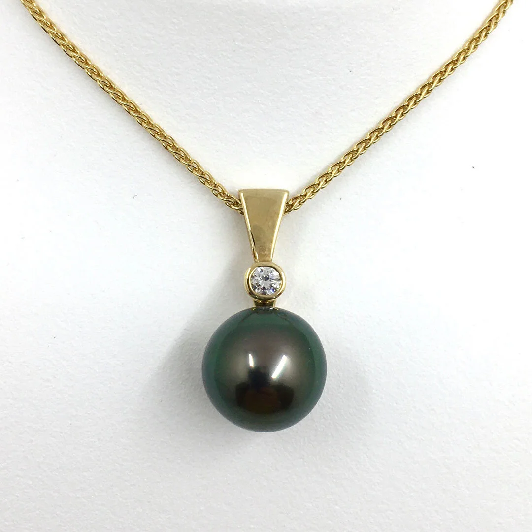 14K Yellow Gold Contemporary South Sea Black Pearl and Diamond Drop Pendant