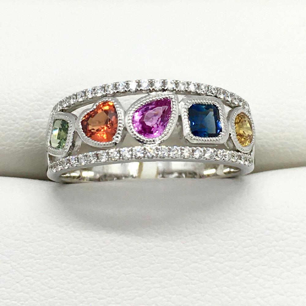14K White Gold Multi-Color &amp; Shape Sapphire and Diamond Band