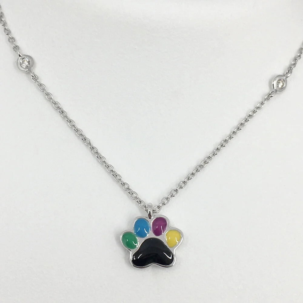 14K White Gold Multi Color Enamel &amp; Four Diamond Dog Paw Necklace