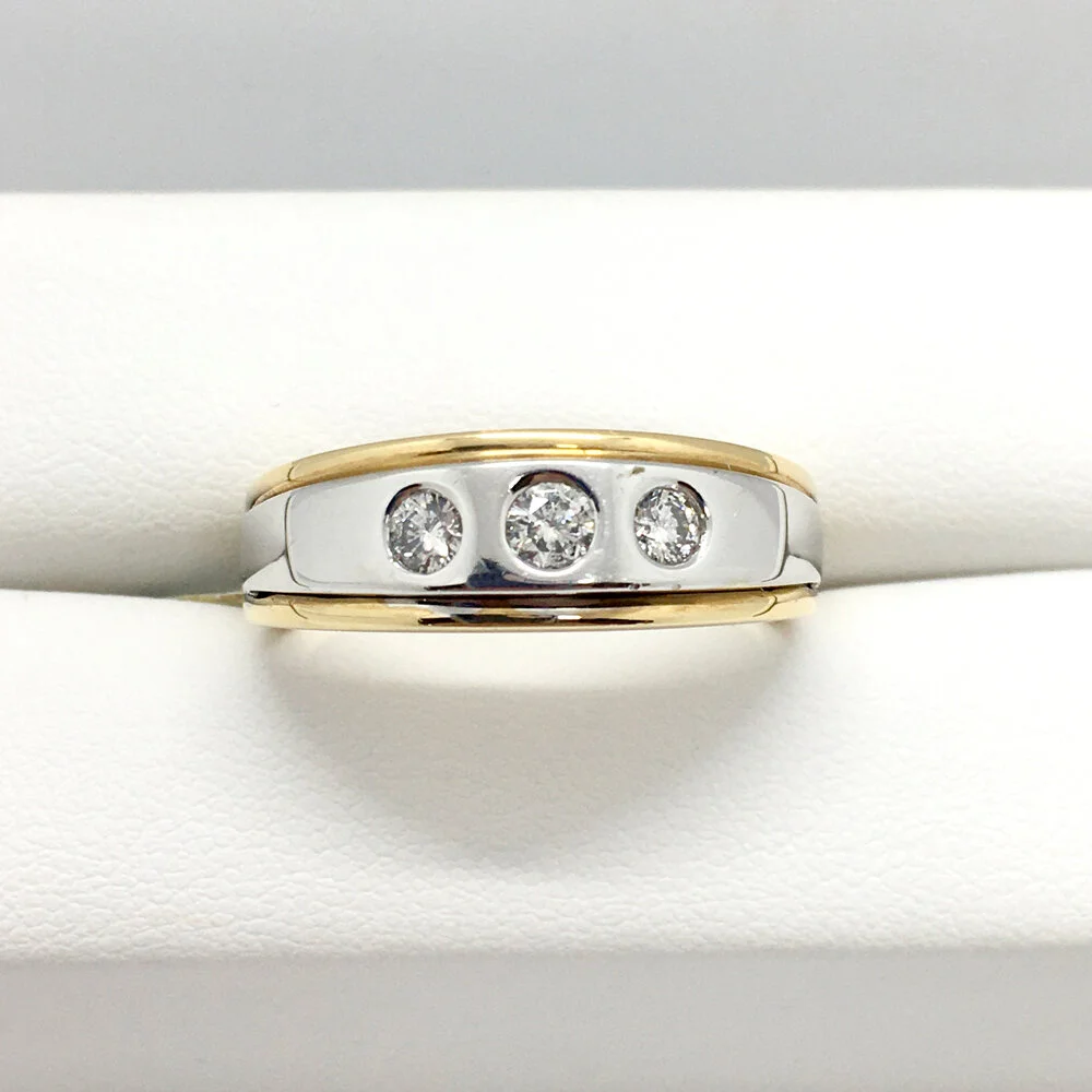 14K White &amp; Yellow Gold Men’s Three Diamond Wedding Band