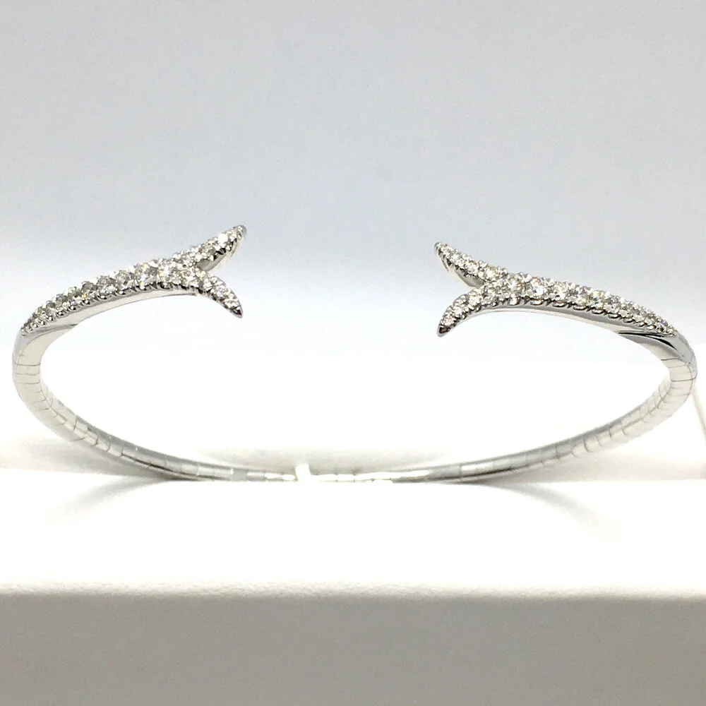 14K White Gold Deco inspired Split Fluted Diamond Open Bangle