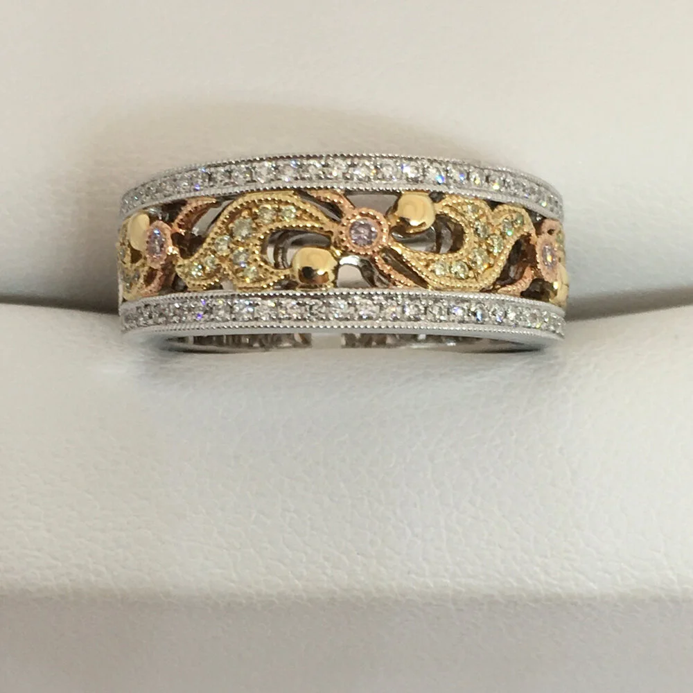 14K Yellow, White &amp; Rose Gold, White &amp; Pink Diamond Decorative Band