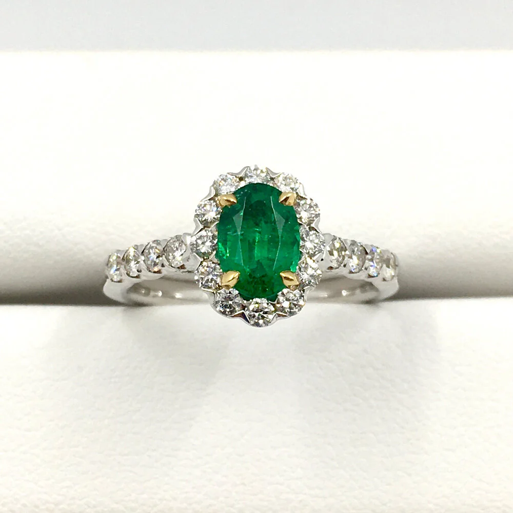 18K White Gold Oval Emerald and Diamond Halo Ring