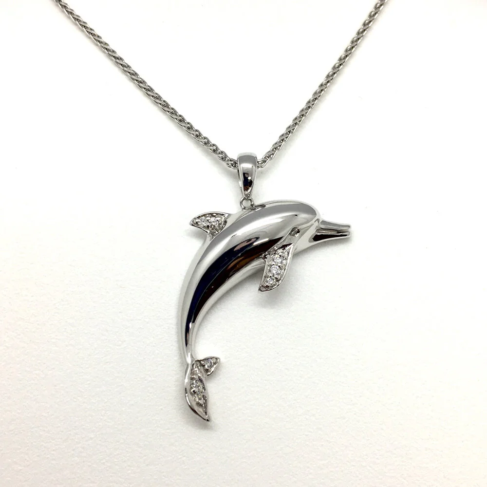 14K White Gold Jumping Diamond Dolphin Pendant